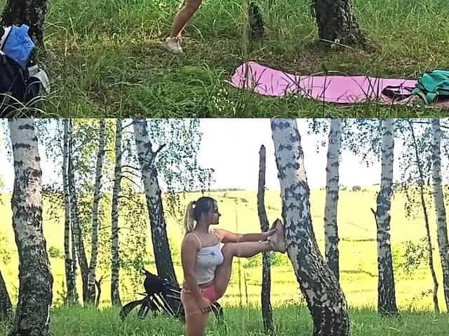 Glamorous blond masturbates and ends up squirting after a run in the forest