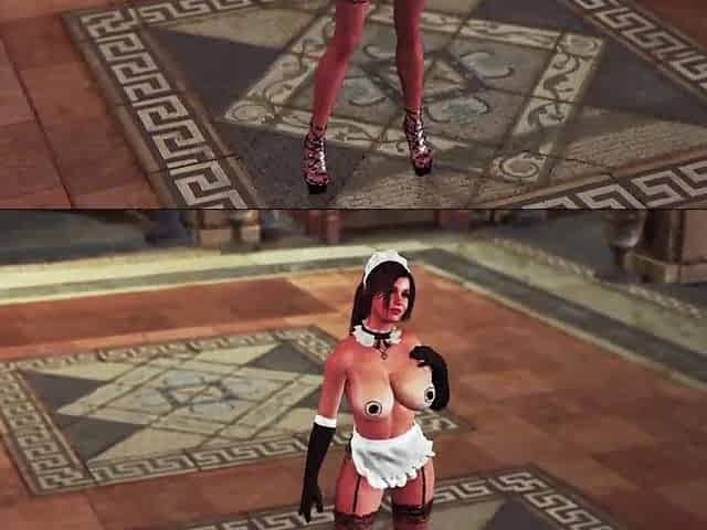 Sultry tonned Lara Croft in maid uniform welcomes guests at country villa