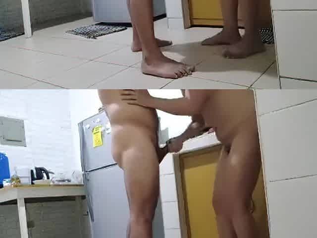 Standing position in the kitchen. Fellatio.