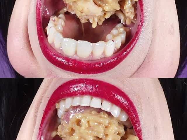 I Eat Spaghetti with Seafood - Close-up of My Mouth, 24 Teeth and Glossy Red Lips