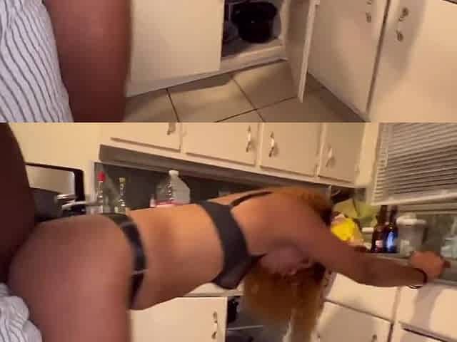 Sex in the Kitchen with Petite Ebony Wife Who Never Got Fuck in the Ass Before