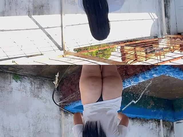 MY STEPMOTHER BATHING IN THE PATIO IN A BIKINI WITH HER UNBELIEVABLE BOOTY