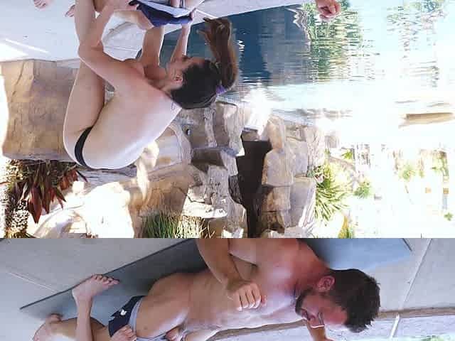 Brunette MILF Ariella and hunky Johnny in a steamy bikini-clad poolside romp