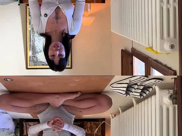 Tanned busty brunette with foot fetish doing footjob