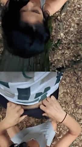 That guy gave her his schlong and cum on her large butt early in the morning in the forest.