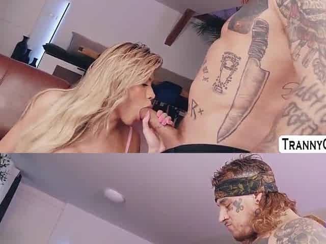 Tattooed dude Damien Soup watches gorgeous, captivating TS Isabella massage her ample weenie