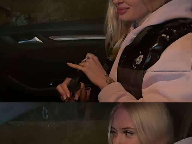 Enchanting blond on the highway. Sex in car