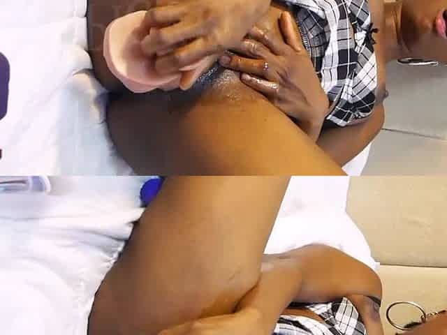 Slutty black teen Stuffs her vagina with MASSIVE Dildos.