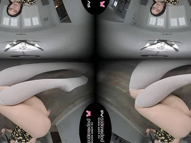 Lenna Lux pulls her panties of to reveal her pink shaved pussy in VR