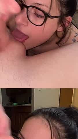 Nerdy Slut Sucks and Slurps Balls While Friend Masturbates
