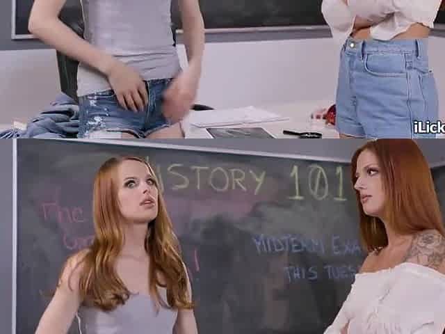 Redhead teen screwed by lesbo class rep