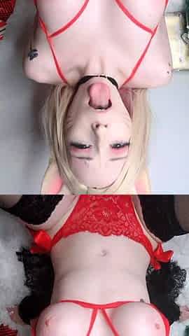 A super sexy blonde with big boobs and masturbating with a v