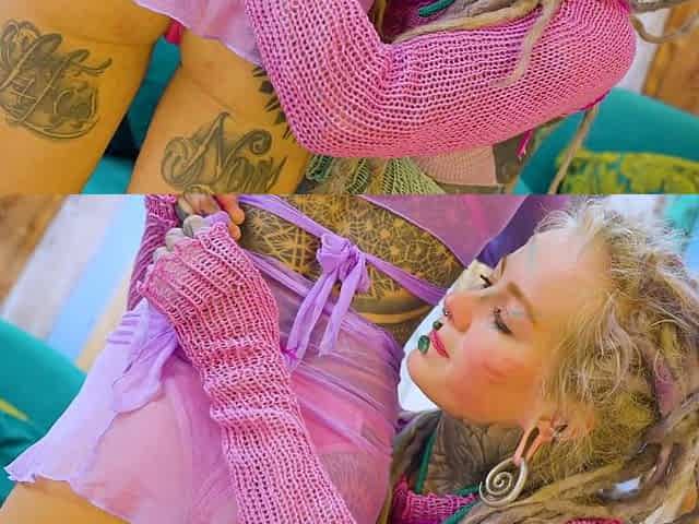 Tattooed model Nahluu doing her first porn