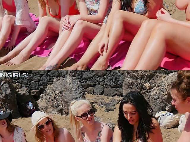 Several busty girlfriends are sunbathing topless