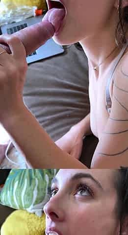 Big tit brunette sucks a big cock blowjob POV