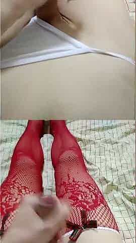 Sissy femboy in cute nylons cum in pants