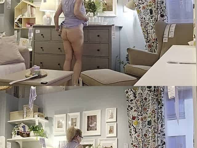 Blonde Horny in Public Place - Flashing at Furniture Shop