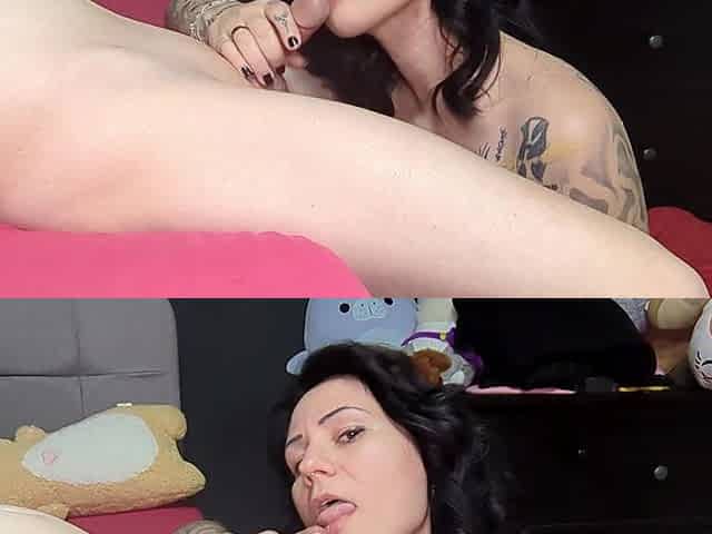 Goth Girlfriend Gives Lickjob and Handjob and Gets Cum on Her Mouth