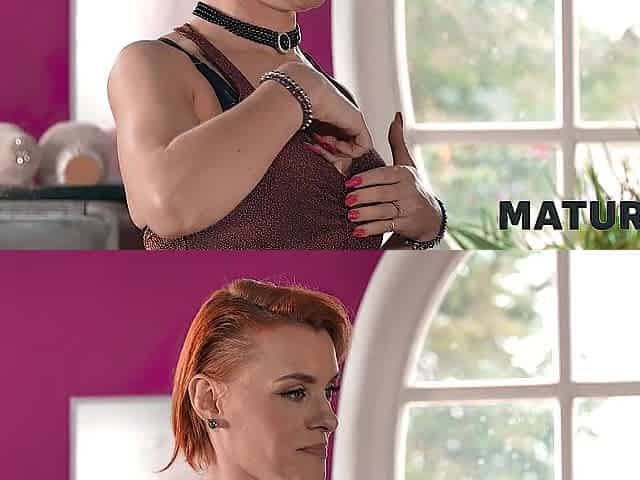 MATURE4K. Concupiscent aged redhead decided to train her neighbor how to please her snatch