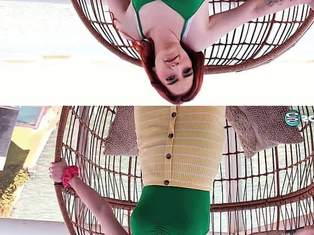 Aria is a youthful, natural redhead who exposes her vagina outdoors.