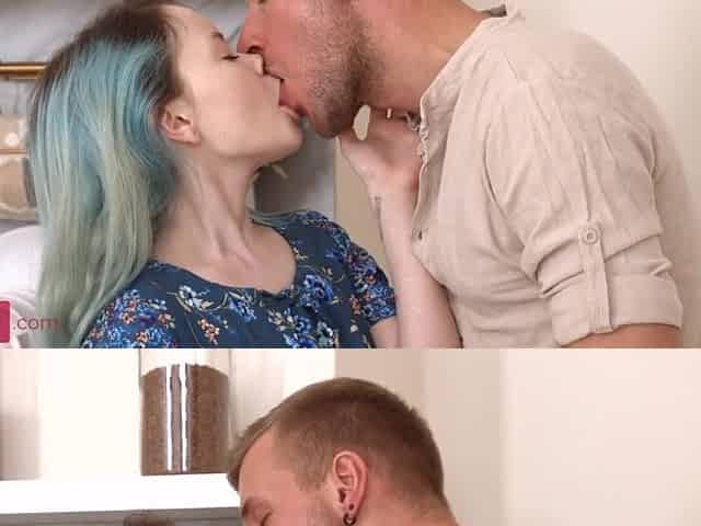 Blue-haired sweetheart indulges in kitchen love