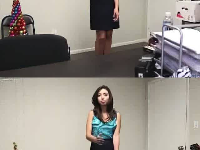 Tiny teenager Frida gets coaxed by customs. The officer