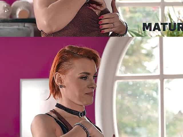 MATURE4K. Concupiscent aged redhead decided to educate her neighbor how to please her snatch