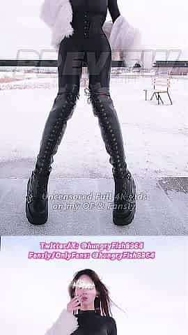 Sissy Outdoor Cum bodysuit boots closeups Smokin' pee 26A005