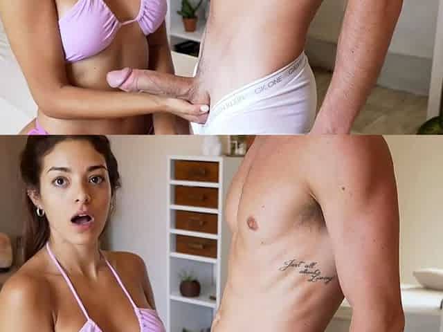Amateur blowjob by busty brunette in black bra panties