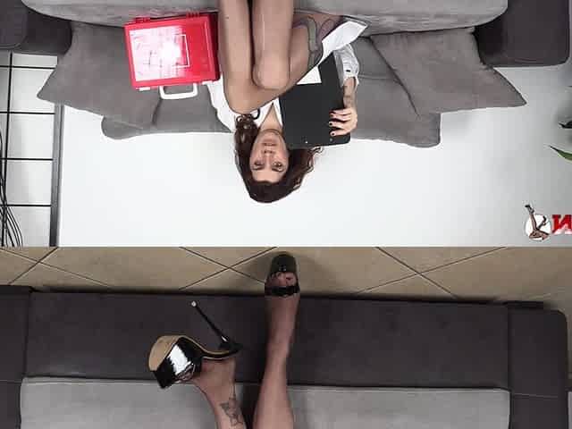 Seductive Doctor Teases Her Client Using Her Feet in Sheer Pantyhose
