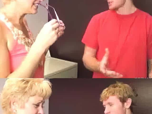Sexy mom gives a sloppy bj on young guy Joey in the laundry