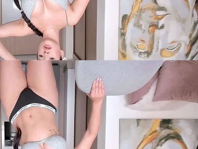 Sexy Brunette Babe Spreads Legs And Masturbates Shaven Twat