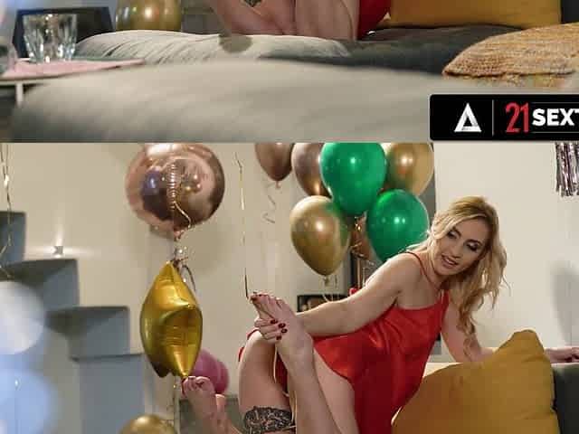 Birthday sensual sex with hot Blonde Lulu Love in red dress
