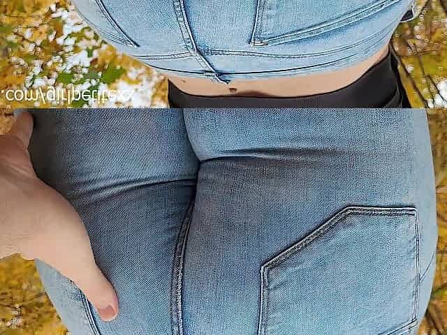 Taut Jeans of Sexy Stranger Brunette hair making My Rod Hard