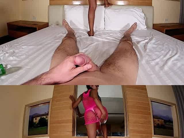 Carnal tugjob and footjob foreplay with small Thailand angel