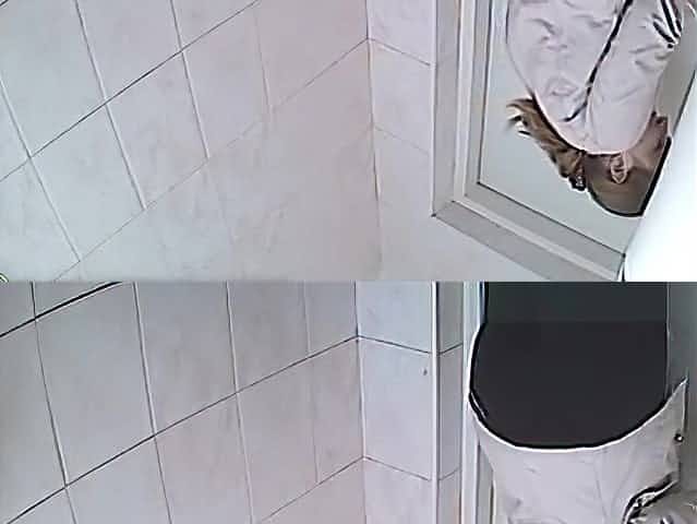 Chubby woman peeing in toilet