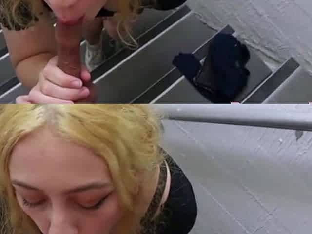 Blonde Escort Gives Blowjob on Stairs