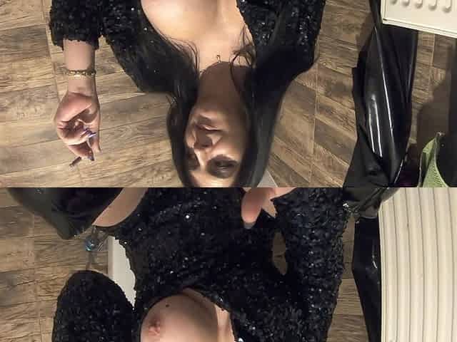 Smoking Pee Play in Shiny Outfit. Bathroom Fetish and Messy Wet Fun