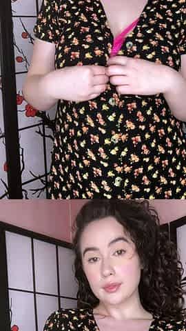 Busty babe playing with her big boobs