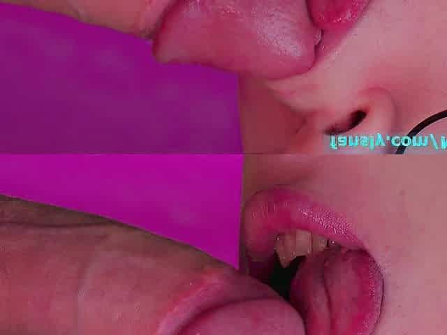 Close oral-sex with lip gloss with wet cum on tongue