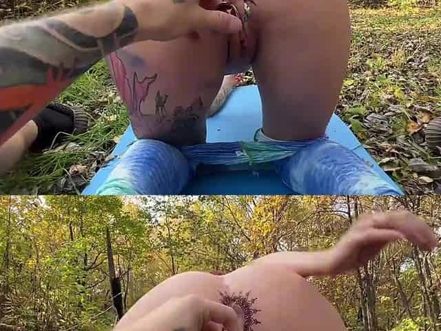 Redhead bitch with a butt plug on fucking on my dick in the forest
