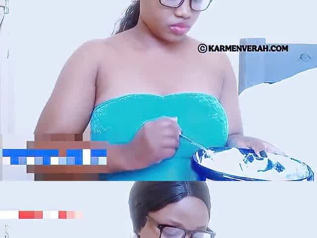 Ebony angel smearing ice cream on her large natural breasts