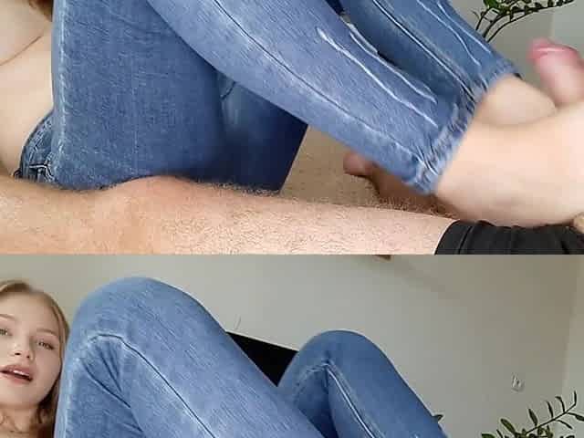 Blonde Russian gives a topless footjob in jeans to her boyfriend