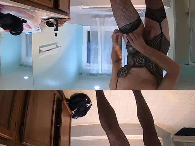 wearing her fishnets corset and screwing my booty with a sex tool