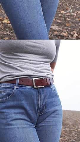 MILF Teasing Her Big Cameltoe in Blue Jeans Outdoors