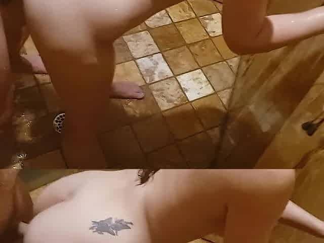 Shower sex with large jizz flow in her throat