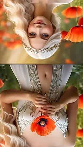 Ai Artistic Nude - Beautiful Woman Holding Poppy with White-gold Shimmer Diamond Jewelry