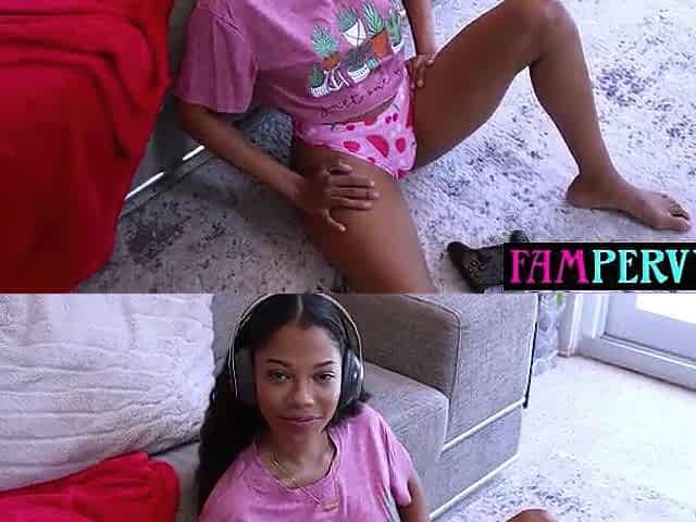 Slim black teen Eden West using her vagina to calm down her stepcousin
