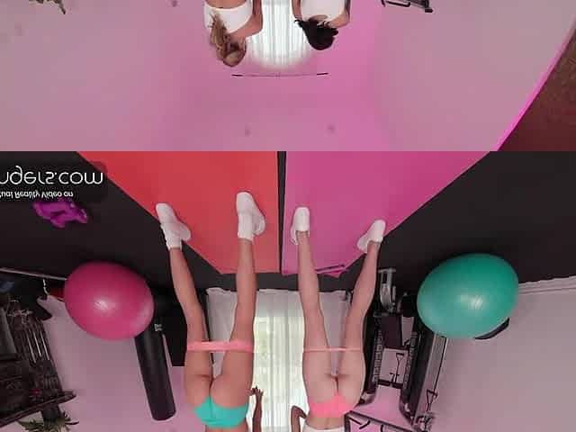 VR Bangers: 2 Slender Sweethearts In Shorts Ride Your Schlong In A Gym Three-some FFM