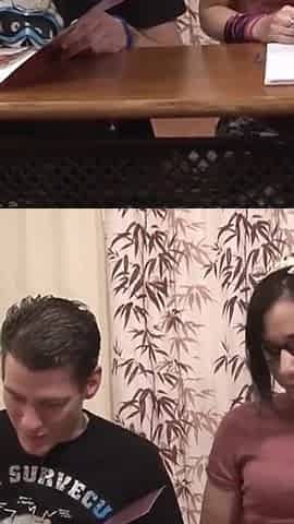 Brunette college girl gets smashed by her friend in the classroom